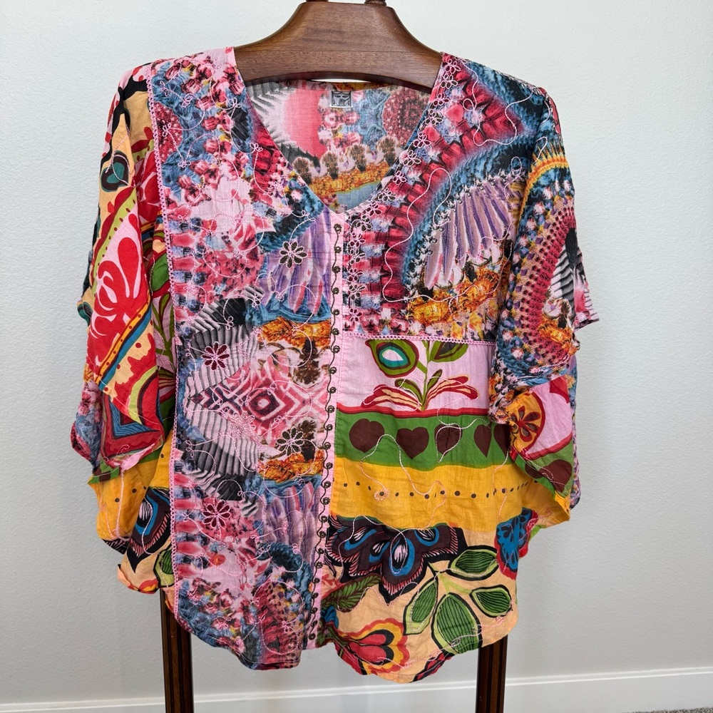 Boho Patchwork Pink Multicolor Women's V-Neck Top… - image 1